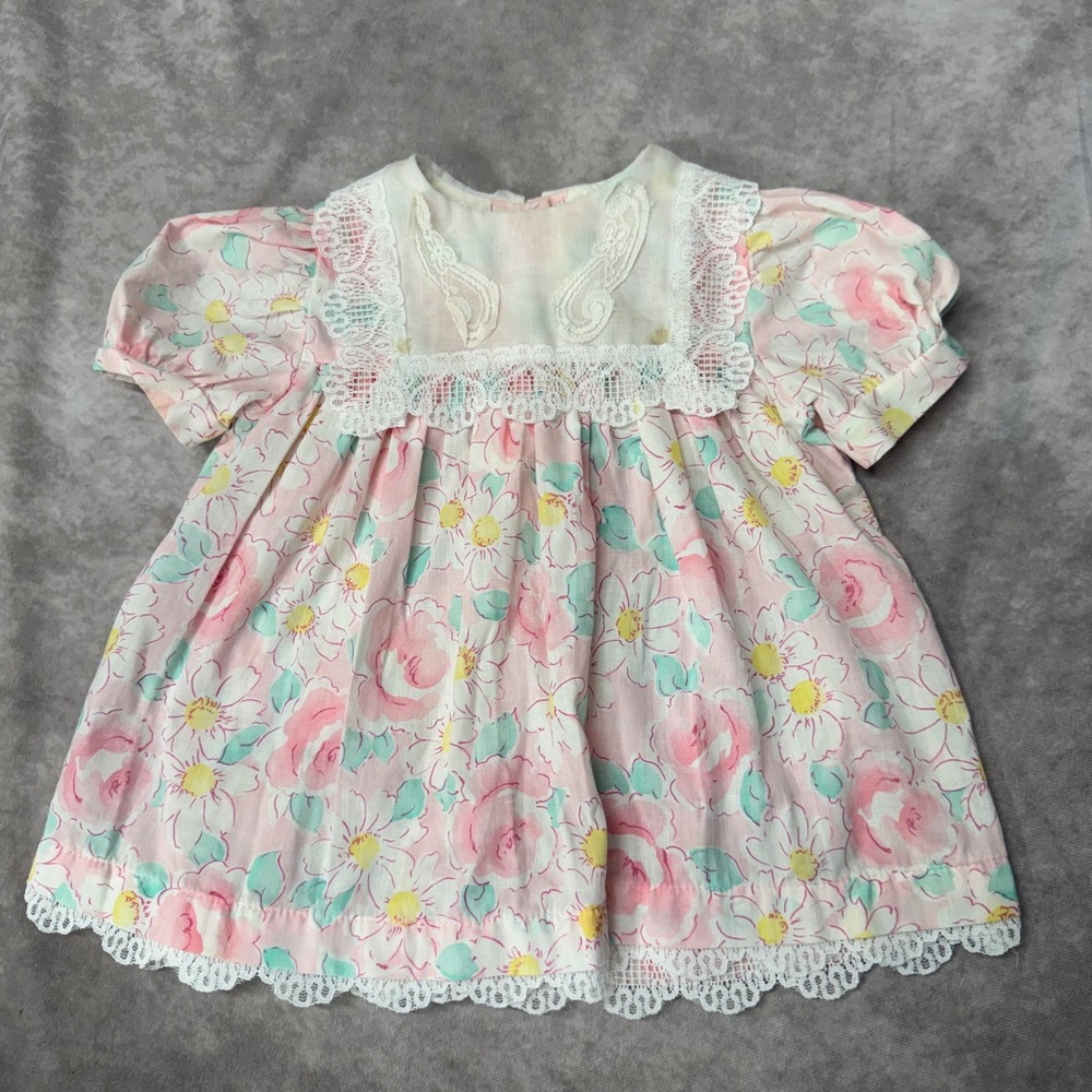 Vintage Baby Girl Floral Lace Bib Dress Pink Pastel Puff Sleeve 2638